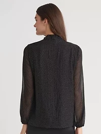 Petite Foil Dot Long Sleeve Ruffle Front Blouse