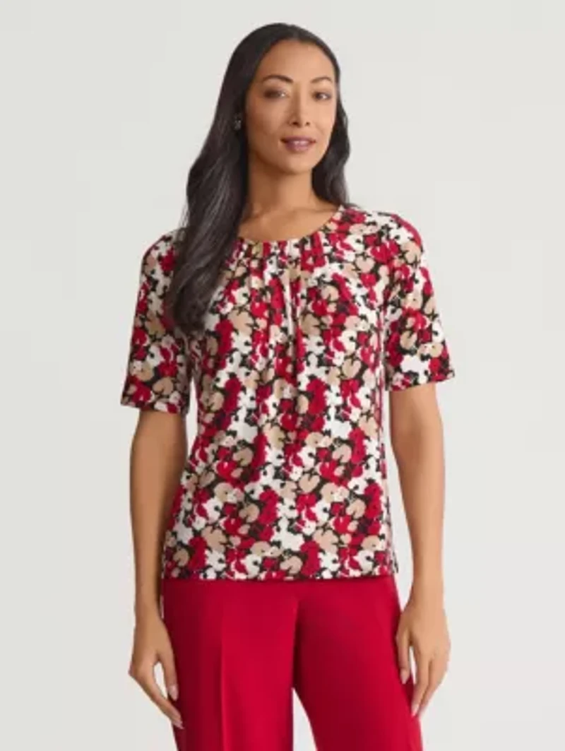 Petite Mini Floral Print Elbow Sleeve Knit Top