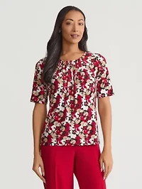 Petite Mini Floral Print Elbow Sleeve Knit Top