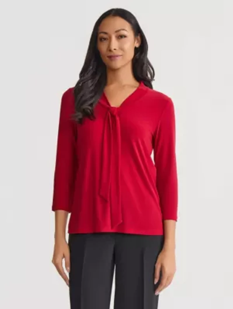 Petite Three Quarter Sleeve Tie Neck Knit Top