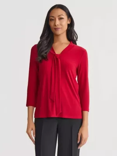 Petite Three Quarter Sleeve Tie Neck Knit Top