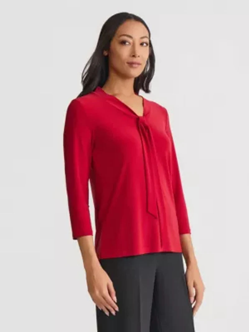 Petite Three Quarter Sleeve Tie Neck Knit Top