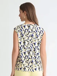 Petite Multi Print Extended Shoulder Pleat Neck Knit Top with Hardware