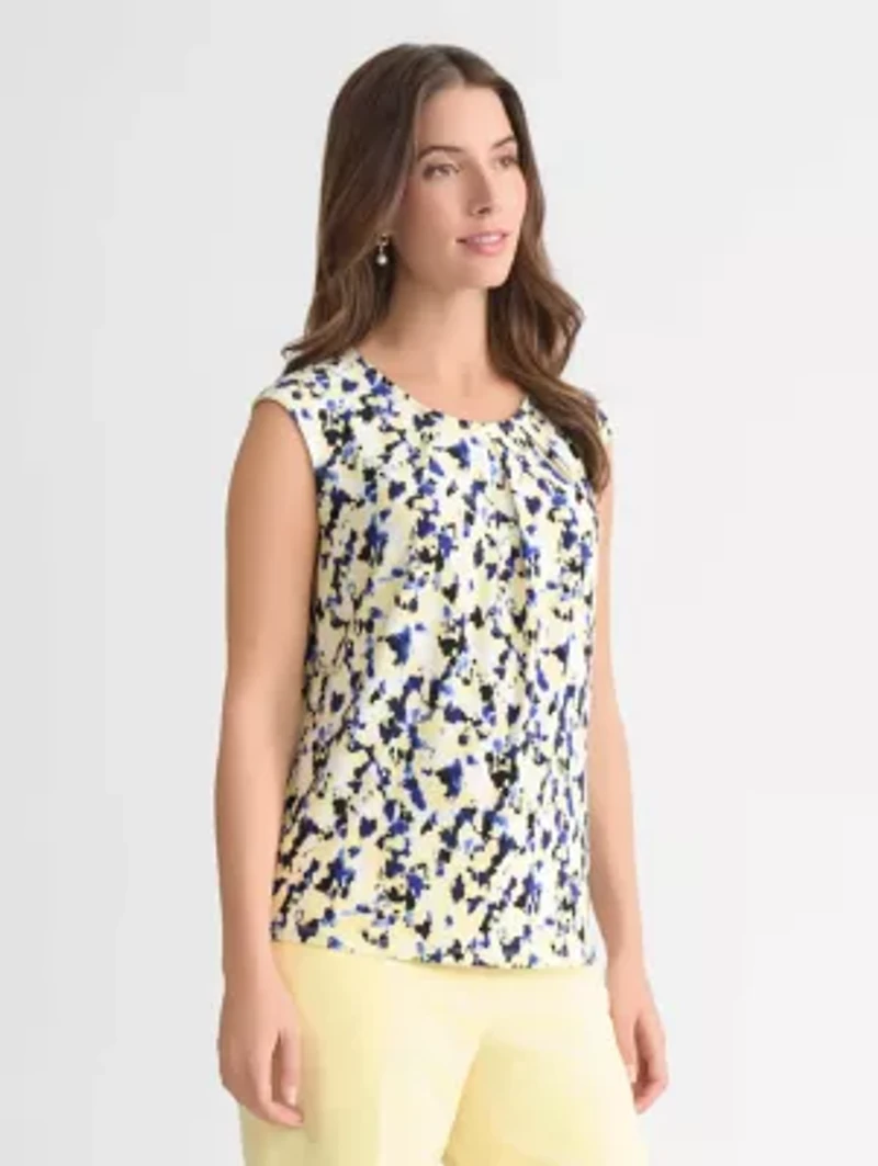 Petite Multi Print Extended Shoulder Pleat Neck Knit Top with Hardware