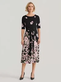 Ombre Floral Print Fit and Flare Knit Dress