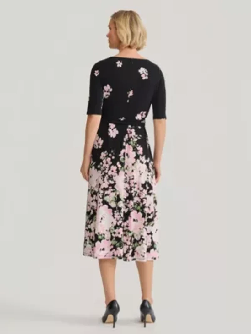 Ombre Floral Print Fit and Flare Knit Dress