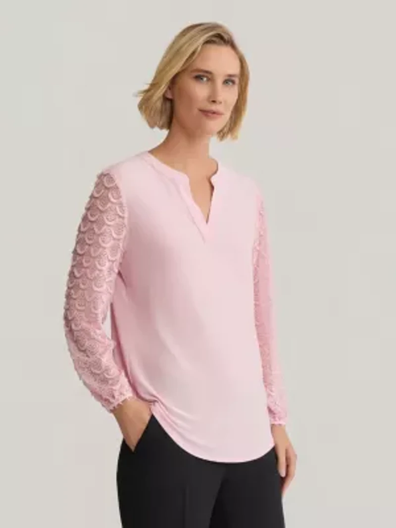 Long Sleeve Split Neck Lace Knit Top