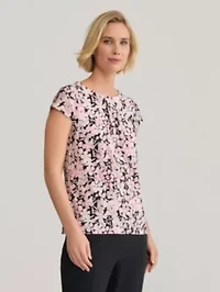 Mini Floral Print Cap Sleeve Pleat Front Knit Top