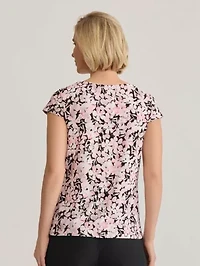 Mini Floral Print Cap Sleeve Pleat Front Knit Top