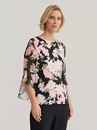 Multi Floral Print Ruffle Sleeve Knit Top