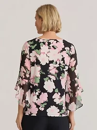 Multi Floral Print Ruffle Sleeve Knit Top