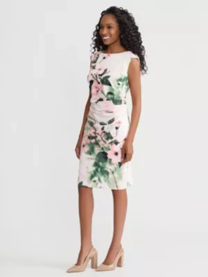 Floral Print Scuba Crepe Side Pleat Dress