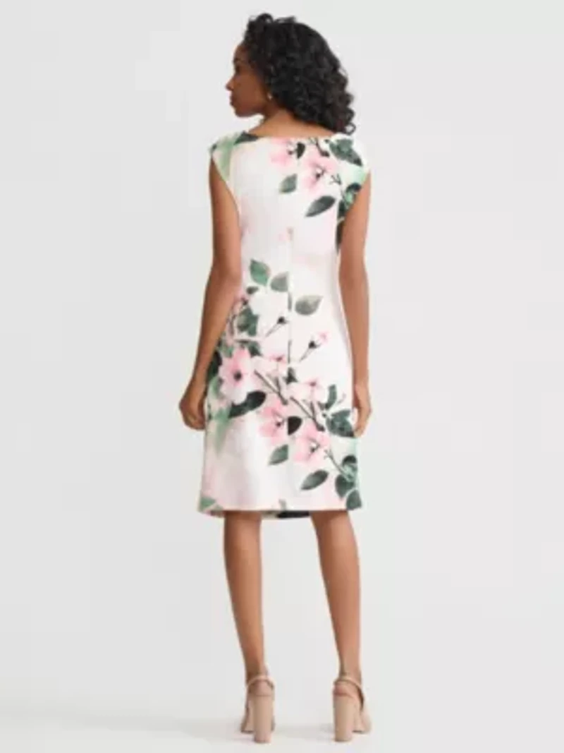 Floral Print Scuba Crepe Side Pleat Dress