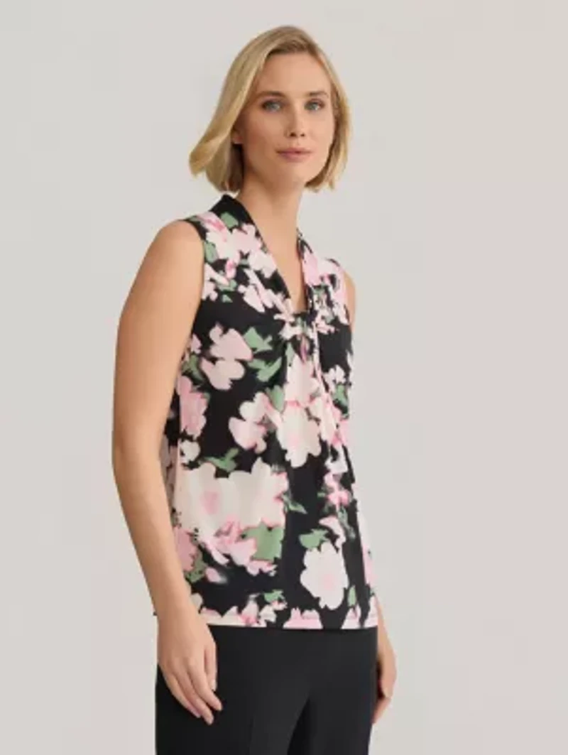 Multi Floral Print Knot Neck Knit Top