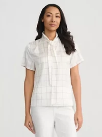 Windowpane Print Tie Neck Blouse