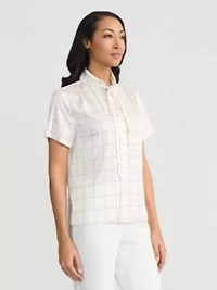 Windowpane Print Tie Neck Blouse