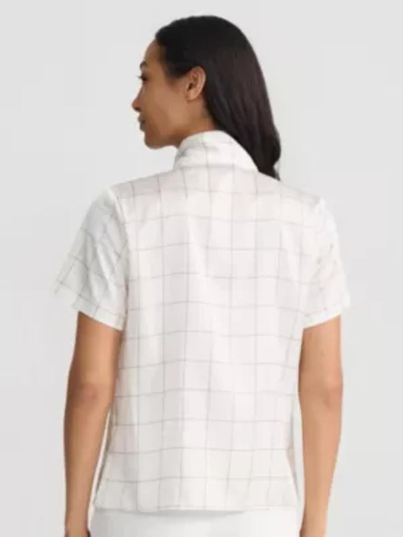 Windowpane Print Tie Neck Blouse