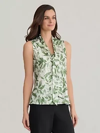 Leaf Print Tie Neck Blouse