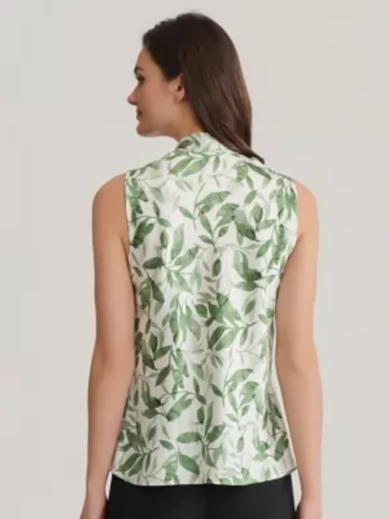 Leaf Print Tie Neck Blouse