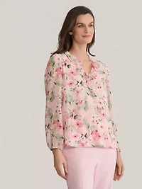 Clip Dot Floral Ruffle Front V-Neck Blouse