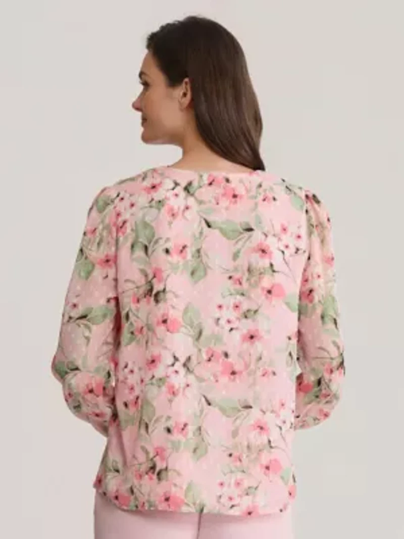 Clip Dot Floral Ruffle Front V-Neck Blouse