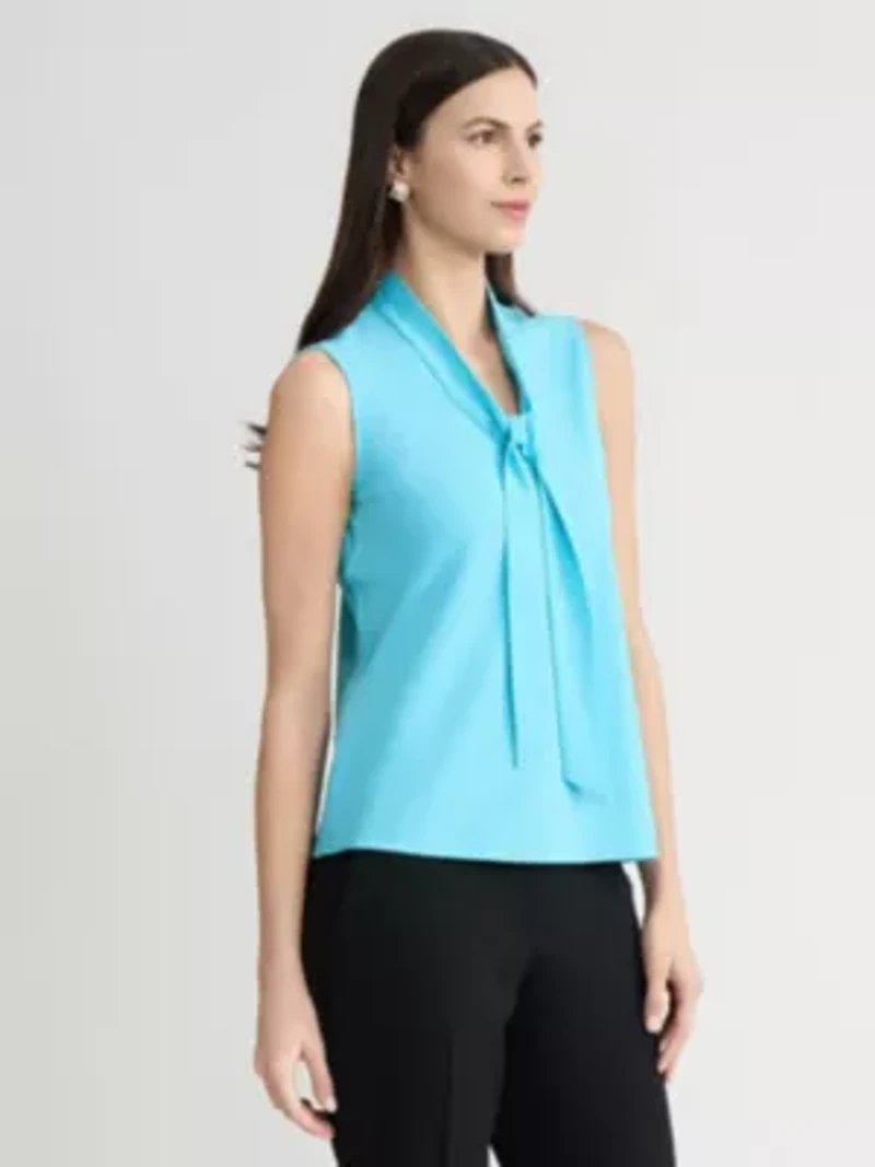 PETITE CREPE TIE NK BLOUSE