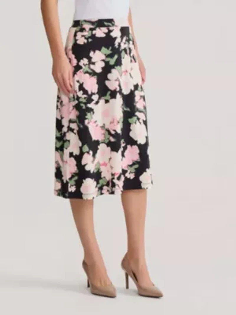 Floral Print Pull On Knit Midi Skirt