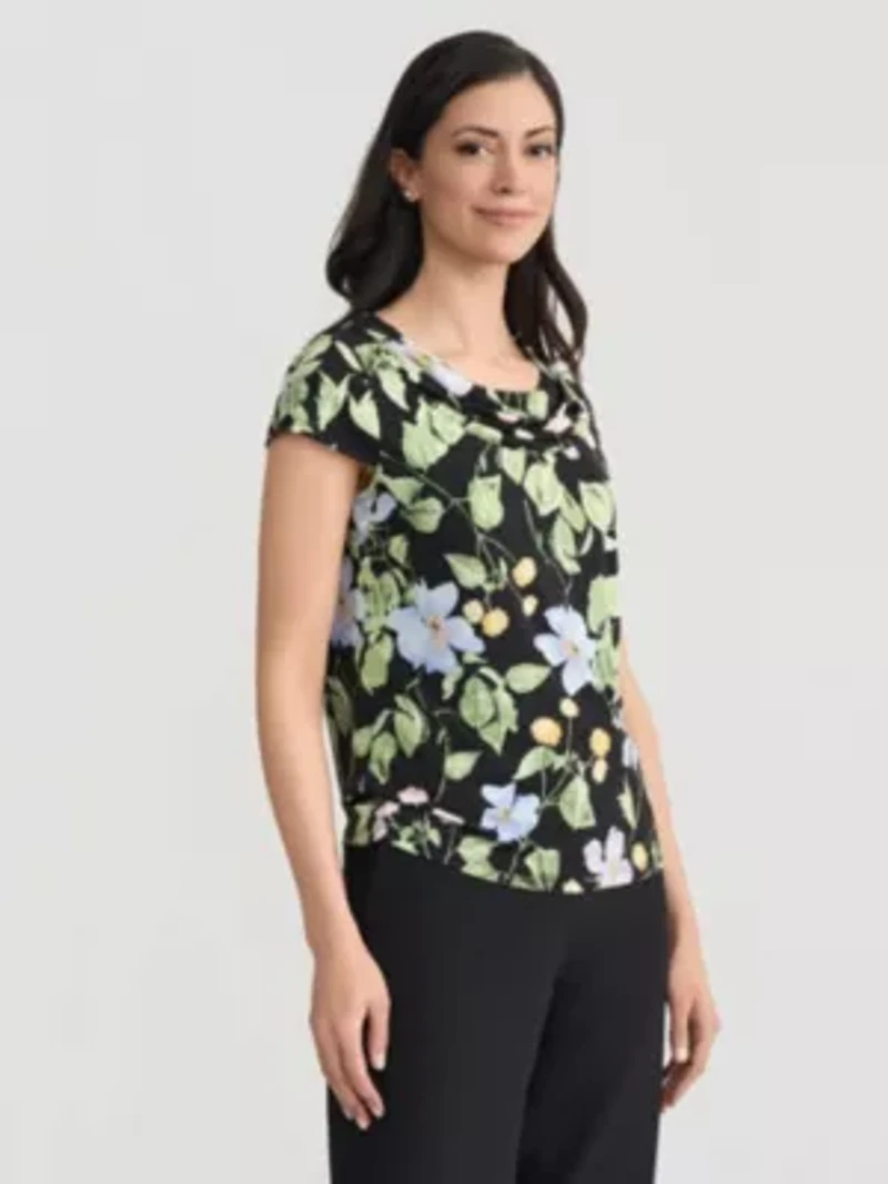 Petite Floral Print Cowl Neck Knit Top