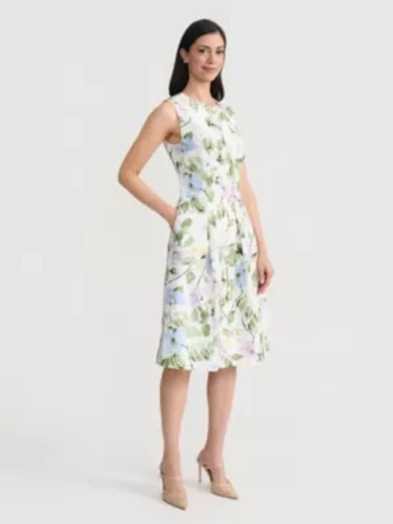 Petite Floral Print Pleated Dress