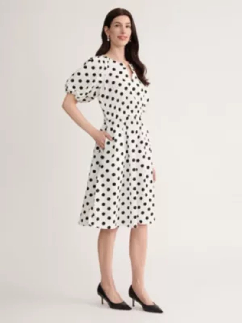 PETITE DOT PRINT COTTON SMOCKED WAIST DRESS