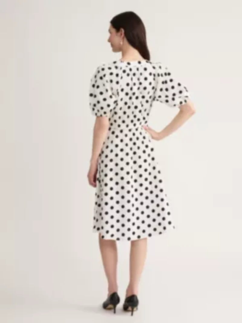 PETITE DOT PRINT COTTON SMOCKED WAIST DRESS
