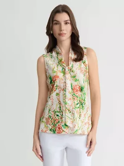 PETITE ABSTRACT FLORAL TIE NK BLOUSE