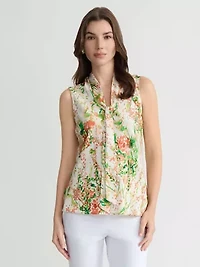PETITE ABSTRACT FLORAL TIE NK BLOUSE