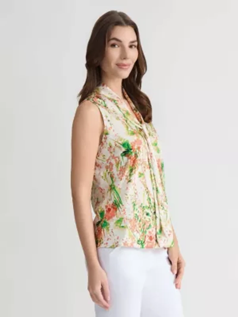 PETITE ABSTRACT FLORAL TIE NK BLOUSE