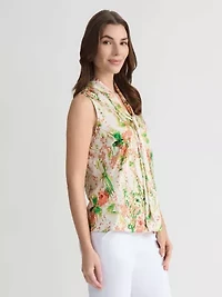 PETITE ABSTRACT FLORAL TIE NK BLOUSE