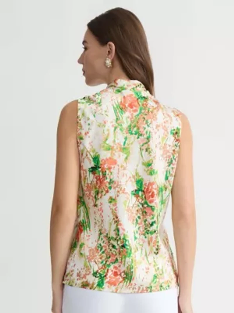 PETITE ABSTRACT FLORAL TIE NK BLOUSE