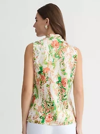 PETITE ABSTRACT FLORAL TIE NK BLOUSE
