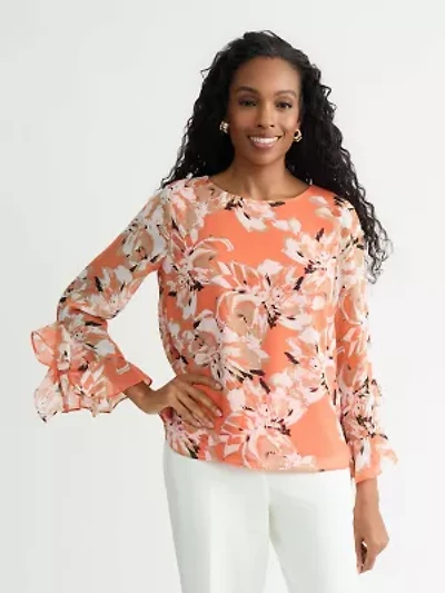 MISSY FLORAL PRINT CASCADE RUFFLE SLV BLOUSE