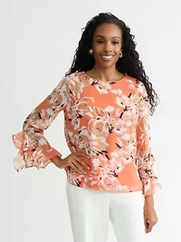 MISSY FLORAL PRINT CASCADE RUFFLE SLV BLOUSE