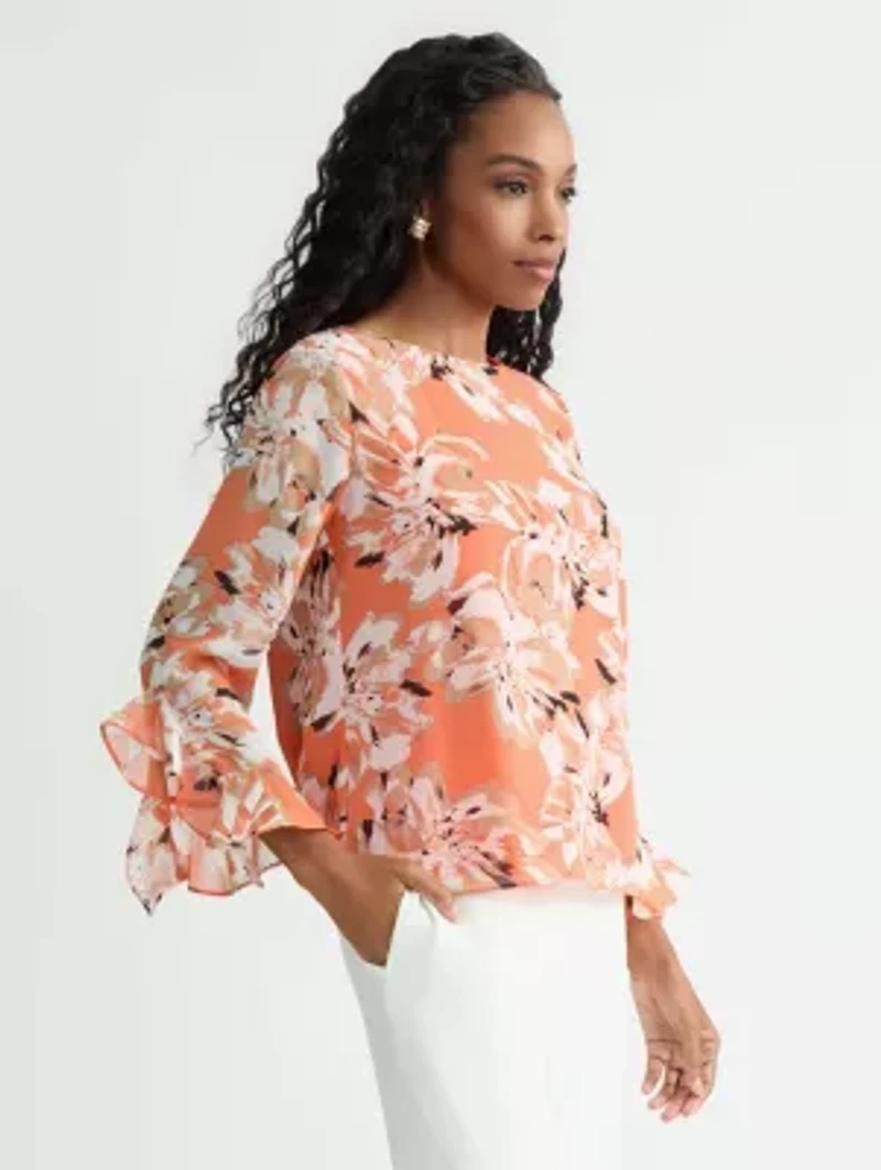 MISSY FLORAL PRINT CASCADE RUFFLE SLV BLOUSE