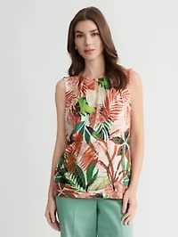 Missy Sleeveless Leaf Print Knit Top W Emb Keyhole
