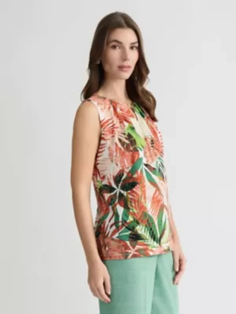 Missy Sleeveless Leaf Print Knit Top W Emb Keyhole