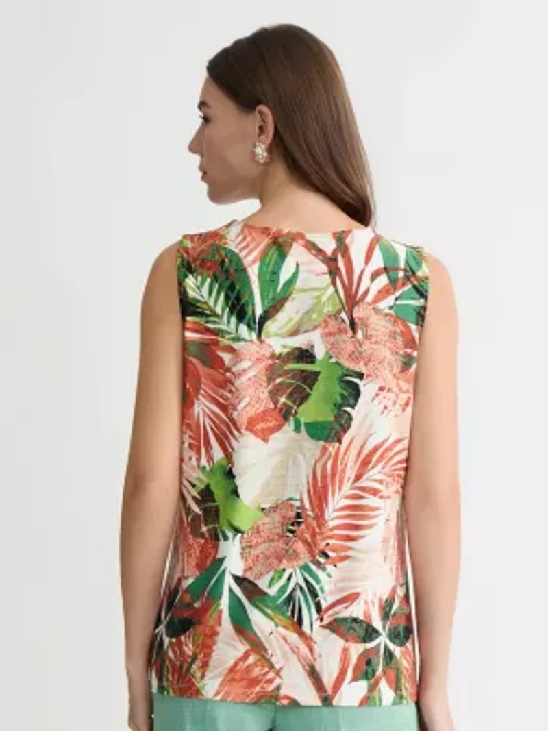 Missy Sleeveless Leaf Print Knit Top W Emb Keyhole