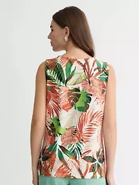 Missy Sleeveless Leaf Print Knit Top W Emb Keyhole