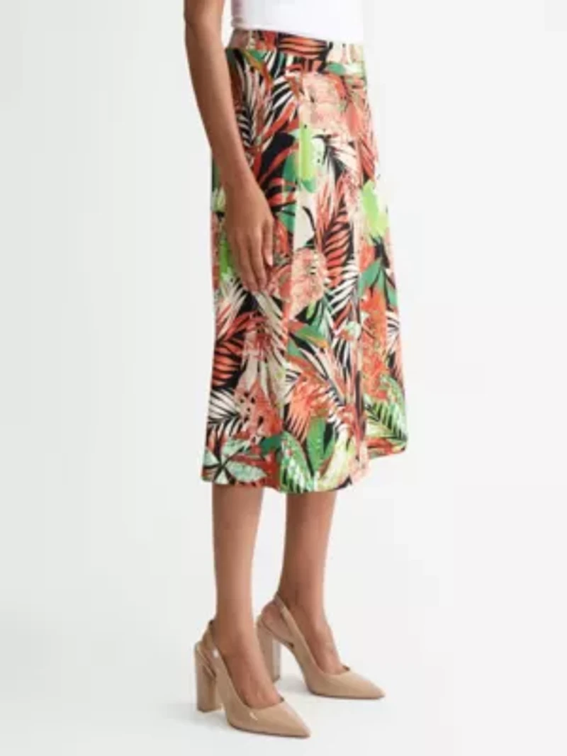 Missy Leaf Print Pull On Knit Midi Skirt