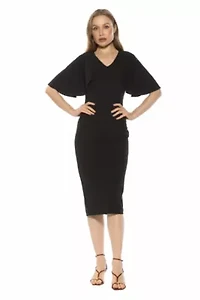 Novi V Neck Draped Sleeve Midi Dress