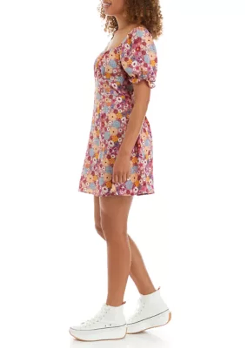 Juniors' Short Sleeve Square Neck Open Back Dress