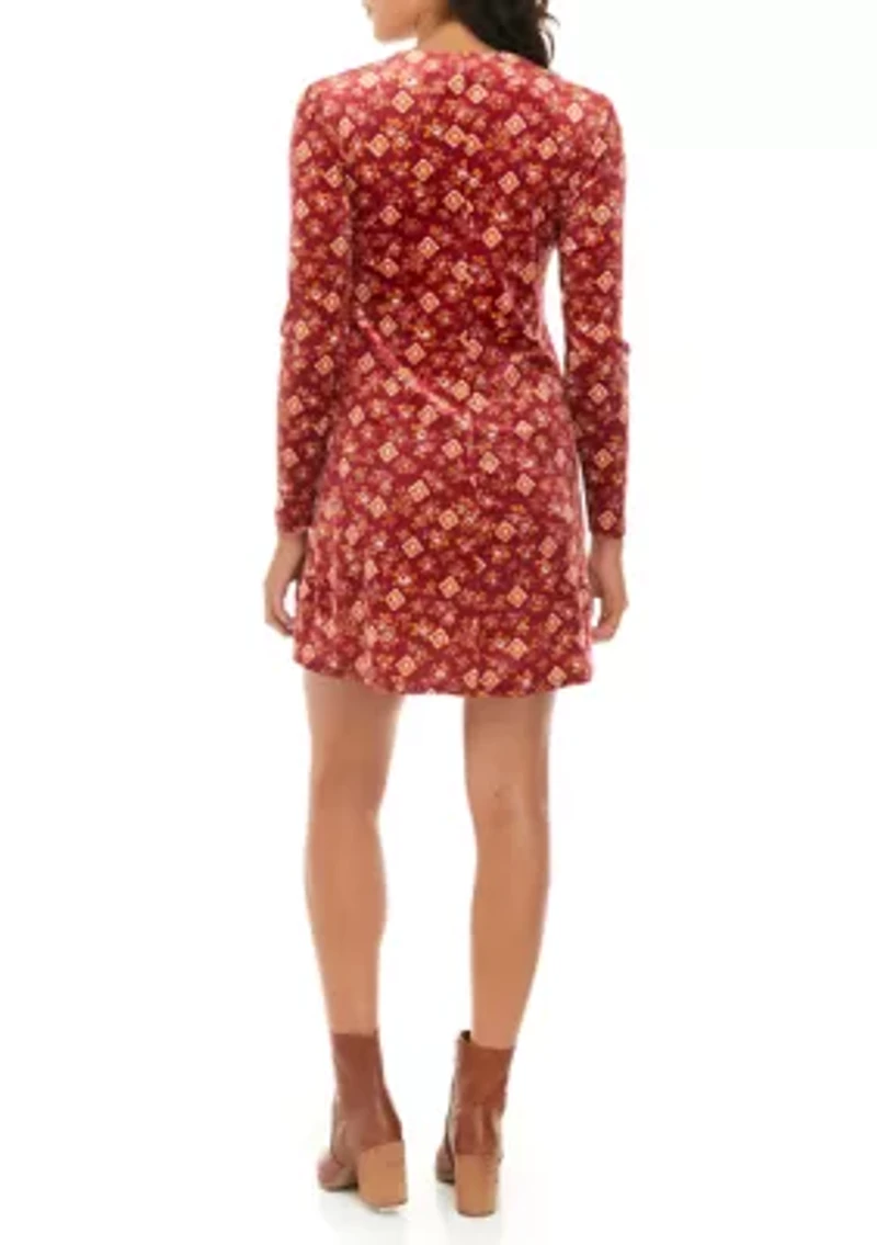 Juniors' Long Sleeve Velvet Lace Up Fit and Flare Dress