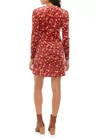 Juniors' Long Sleeve Velvet Lace Up Fit and Flare Dress