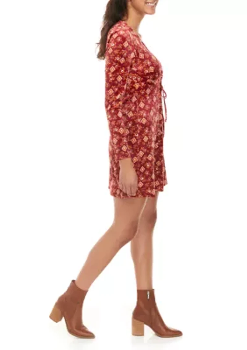 Juniors' Long Sleeve Velvet Lace Up Fit and Flare Dress